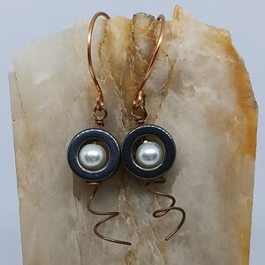 Spiral Copper Drops with Hematite and Pearl Drop Style Earrings Handmade
